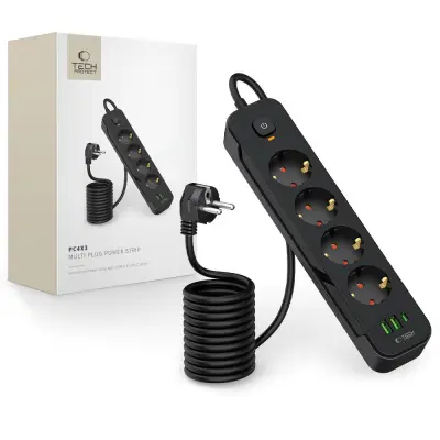 TECH-PROTECT PCL4X3 NAPAJALNA VTIČNICA 4 VTIČNICE 2 USB TYPE-C 200CM ČRNA