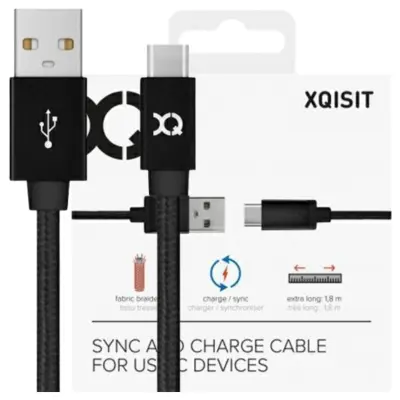 XQISIT BOMBAŽNI KABEL USB C 3.0 ČRN 1.8M ZA TELEFON IN TABLICO