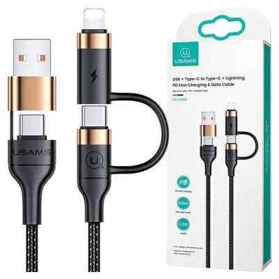 USAMS BRIDED KABEL USB-C USB-A NA LIGHTNING 1,2M PD FAST CHARGE ČRN