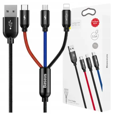 BASEUS KABEL PRZEWÓD 3W1 USB-MICRO USB/LIGHTNING/USB-C 3.5A 0,3M CZARNY