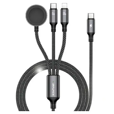 AWEI KABEL W23 3V1 USB-C ZA LIGHTNING ZA APPLE WATCH 100W 10W 2,5W ČRN