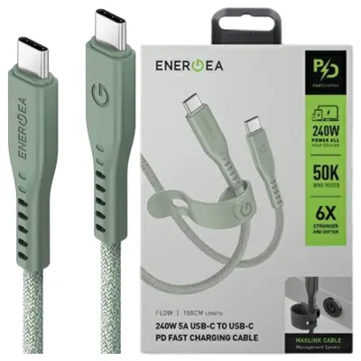 ENERGEA PRETOČNI KABEL USB-C NA USB-C 1,5M 240W 5A PD FAST CHARGE ZELEN