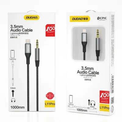 Bombažno pleten AUX avdio kabel iPhone Lightning - mini jack 3,5 mm 1 m, siv