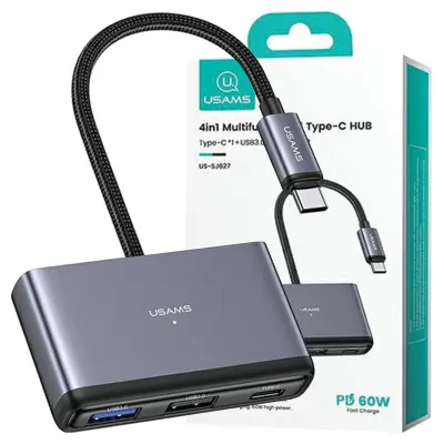 USAMS ADAPTER HUB 4IN1 2XUSB 2.0/USB 3.0/USB-C SIVA ZA PRENOSNIK IN RAČUNALNIK