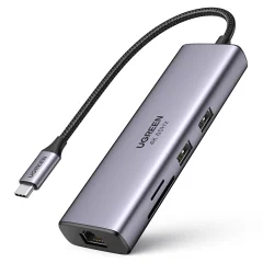 7v1 večnamensko USB-C HUB - 2x USB HDMI 4K SD in TF čitalec kartic USB-C RJ45 1Gbps siv