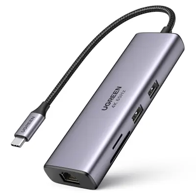 7v1 večnamensko USB-C HUB - 2x USB HDMI 4K SD in TF čitalec kartic USB-C RJ45 1Gbps siv
