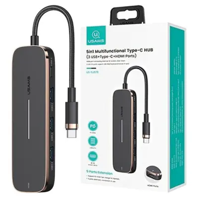 USAMS ADAPTER HUB 3XUSB + USB-C + HDMI ČRNO ČRN ZA PRENOSNIK