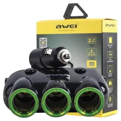 AWEI CAR SPLITTER C-35 3 VTIČNICE ZA VŽIGALNIK 12V + 2 USB ČRN