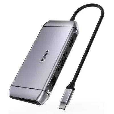 Multifunkcijski USB HUB SD in TF čitalec kartic HDMI 4K VGA Full HD RJ45 9v1 siv