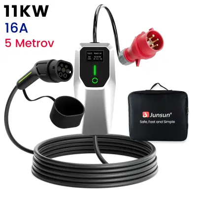 Tip 2 EV Polnilni Kabel za Električna Vozila – 3-Fazni 11KW, Nastavljiv Tok, Prenosni Polnilec 5M s Schuko Vtičnico in Torbico (6/8/10/13/16A) APP