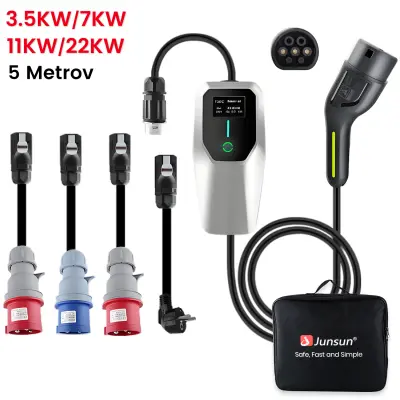 Polnilni kabel za električna vozila tipa 2 - 1/3 faze, 3,5/7/11/22 kW, nastavljiv tok, 5 metrov, 6-32A, s 4 adapterji in torbico