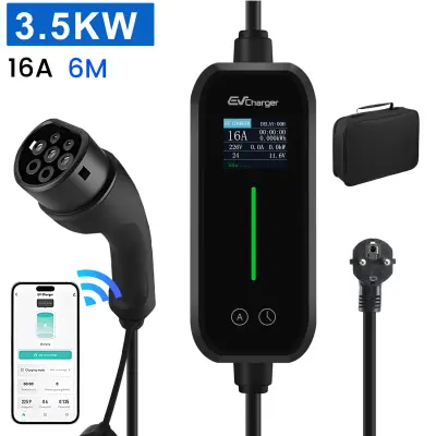 Tip 2 EV električni avtomobilski polnilni kabel – enofazni 3,68 kW, nastavljiv tok, LCD zaslon, prenosni polnilnik 6 m z vtičem Schuko (6/8/10/13/16A)