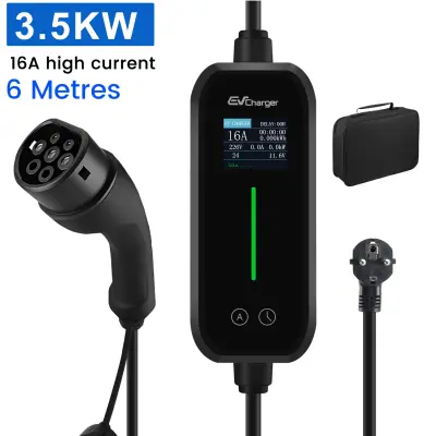Tip 2 EV električni avtomobilski polnilni kabel – enofazni 3,68 kW, nastavljiv tok, LCD zaslon, prenosni polnilnik 6 m z vtičem Schuko (6/8/10/13/16A)