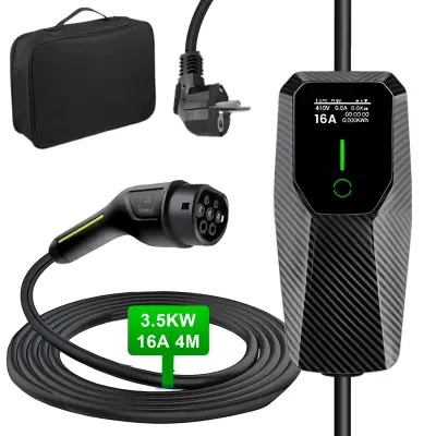 Tip 2 EV Polnilni Kabel za Električna Vozila – 1-Fazni 3.68KW, Nastavljiv Tok, Prenosni Polnilec 4M s Schuko Vtičnico in Torbico (6/8/10/13/16A)