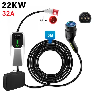 Tip 2 EV Polnilni Kabel za Električna Vozila – 3-Fazni 22KW, Nastavljiv Tok, Prenosni Polnilec 5M s CEE Vtičnico in Torbico (6/8/10/16/32A)