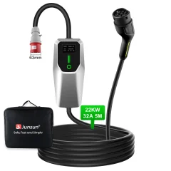 Tip 2 EV Polnilni Kabel za Električna Vozila – 3-Fazni 22KW, Nastavljiv Tok, Prenosni Polnilec 5M s Schuko Vtičnico in Torbico (6/8/10/16/32A) APP