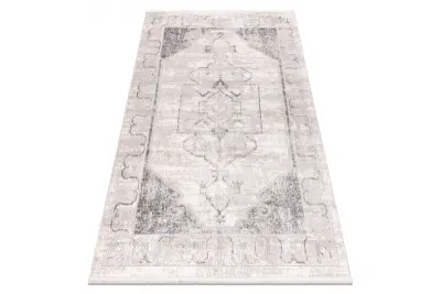 DISTIN 0107B siva / svetlo siva / bela moderna preproga - Ornament, okvir, vintage, resice 80x150 cm