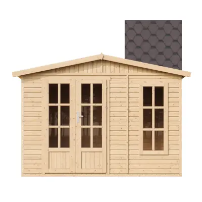 Lesena vrtna hiša - H232x332x222 cm/6 m² - Vrtna pisarna s podom in bitumenskimi ploščicami - TIMBELA M334FB+H334FBROWN