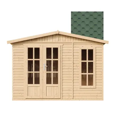 Lesena vrtna hiša - H232x332x222 cm/6 m² - Vrtna pisarna s podom in bitumenskimi ploščicami - TIMBELA M334FB+H334FBGREEN