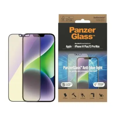 SZKŁO HARTOWANE PANZERGLASS ULTRA-WIDE FIT ANTYBAKTERYJNE Z FILTREM NIEBIESKIEGO ŚWIATŁA I POZYCJONEREM NA IPHONE 14 PLUS / 13 PRO MAX