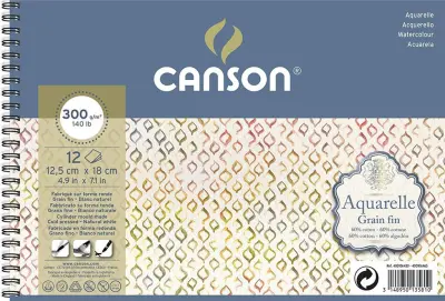 Blok akvarelni spirala Aquarelle Canson 12,5x18 cm 300 g, 12 listni; Cold Presse
