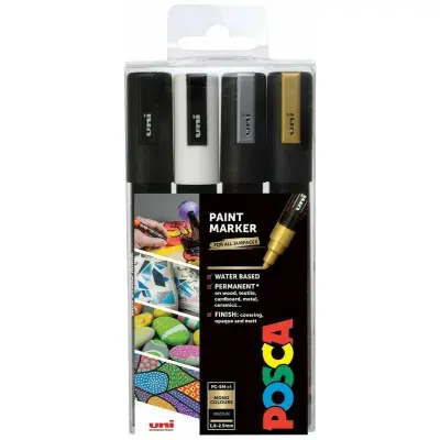 POSCA Uni flomaster; konica 1,8-2,5 mm; set 4 (črn, bel, zlat, srebrn)