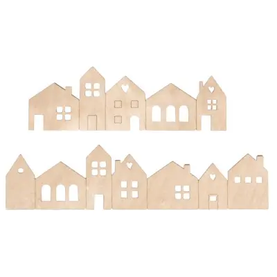 Leseni okraski Mini hišice 2 x10,6x3,4 cm in 2x 14x3,4 cm debelina 1 mm