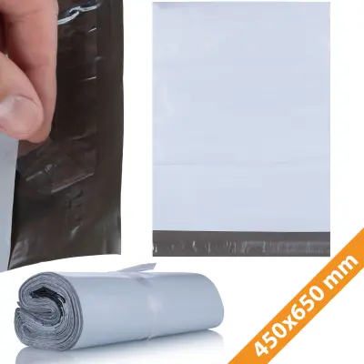 Rosfix Kurirske Folijske Vrečke 450 x 650 mm – Bela Barva, 50 µm LDPE, 100 Kos | Samolepilni Trak