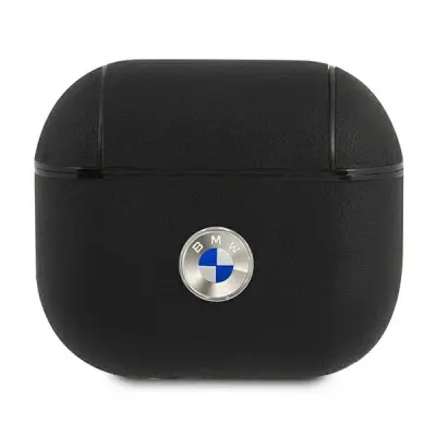 OVITEK BMW IZ PRAVEGA USNJA ZA AIRPODS 3 ČRN S SREBRNIM LOGOTIPOM