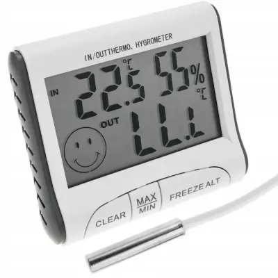 Rosfix Digitalni Termo-Higrometer – Zunanji Senzor, LCD Zaslon, Magnet, -50~70°C | 82×71×21 mm, LR44