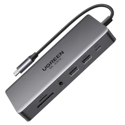 Večnamenski USB-C HUB Ugreen CM681 13-v-1: 2x USB-A 3.2, 2x USB-A 3.0, USB-C 3.2, 2x HDMI, DisplayPort, RJ45, SD/TF, AUX, USB-C PD
