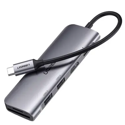 Večnamenski Adapter Ugreen CM195 s 6 vhodi: USB-C na HDMI, 2x USB-A 3.0, USB-C z napajanjem (PD), čitalec kartic SD/TF - eleganten siv dizajn
