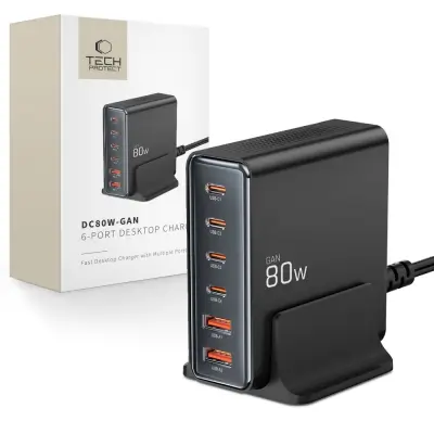 TECH-PROTECT DC80W-GAN 6-PORTNI NAMIZNI POLNILEC PD80W/QC3.0 ČRN