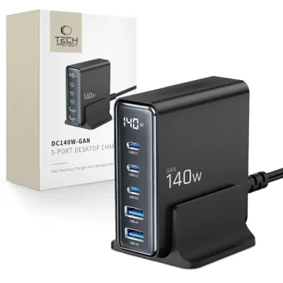 TECH-PROTECT DC140W-GAN 5-PORTNI STACIONARNI POLNILEC PD140W/QC3.0 ČRN