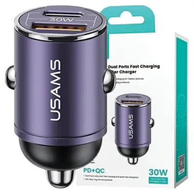 USAMS OMREŽNI POLNILEC 1XUSB 1XUSB-C 30W PD FAST CHARGE VIJOLIČEN