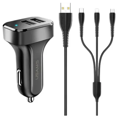 USAMS 3V1 OMREŽNI POLNILEC ZA MICROUSB USB-C ZA LIGHTNING 2XUSB 2.1A ČRN