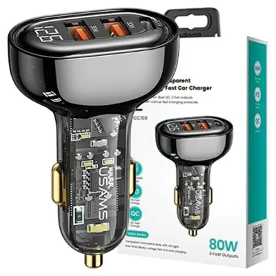 USAMS AVTOPOLNILEC 2XUSB 1XUSB-C 80W FAST CHARGE ČRN