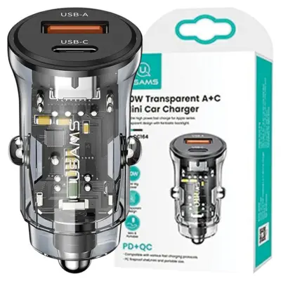 USAMS OMREŽNI POLNILEC 1XUSB 1XUSB-C 30W HITRO POLNJENJE ZA TELEFONE ČRN
