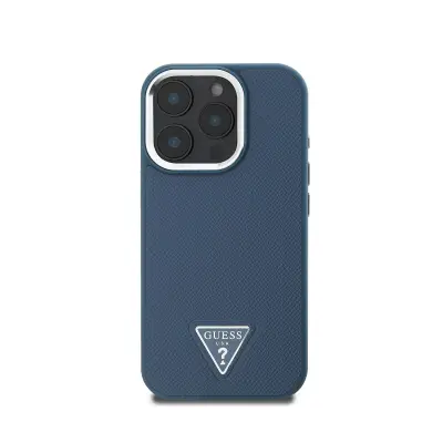 Guess, Ohišje za iPhone 16 Pro v zrnati teksturi s trikotnim logotipom, Modra