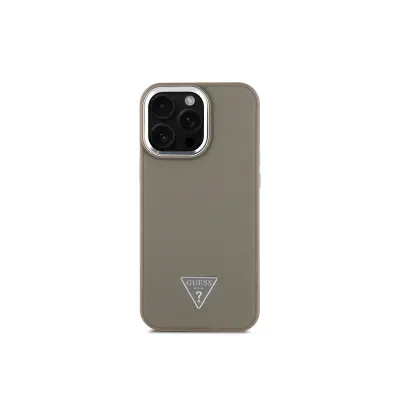 Guess, Ohišje za iPhone 16 Pro v teksturi Grainé s trikotnim logotipom, Rjava