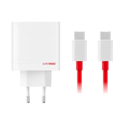Oneplus, SuperVook 80W dvojni potovalni polnilnik USB-A/USB-C s kablom USB-C, Bela