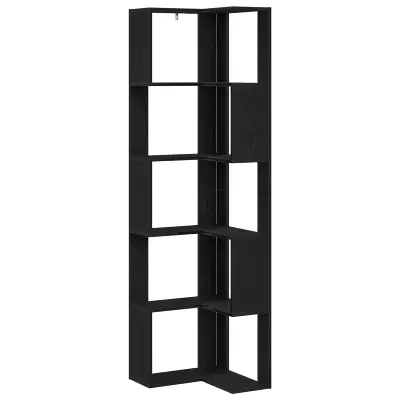 vidaXL Kotna knjižna omara 5-nadstropna črno hrast 50x50x179 cm iz inženirskega lesa