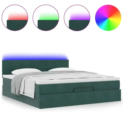 vidaXL Otomanska postelja z vzmetnico & LED temno zelena 160x200cm