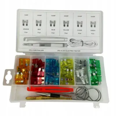 Rosfix Set Avto Varovalke 5A–30A – 93 Kosov, Tester Napetosti, Pinceta | V Plastični Škatli
