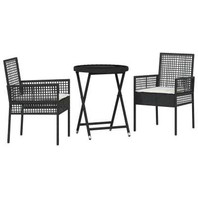 vidaXL 3-delni vrtni bistro set s blazinami črn poli ratan