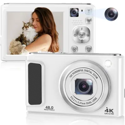 DC308 2,8-palčni 4K HD spredaj in zadaj, dvojna kamera, 16-kratni zoom, digitalni fotoaparat EU, vtič (bel)