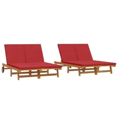 vidaXL Dvojna ležalnika s kolesi in blazino iz akacijevega lesa