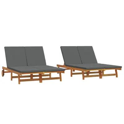 vidaXL Dvojni ležalnik na kolesih z blazino iz trdnega akacijevega lesa