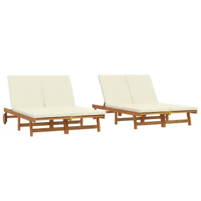 vidaXL Dvojni ležalnik z kolesi in blazino iz masivnega akacijevega lesa