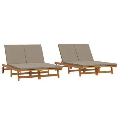 vidaXL Dvojni sončni ležalnik s kolesi in blazinami iz akacijevega lesa